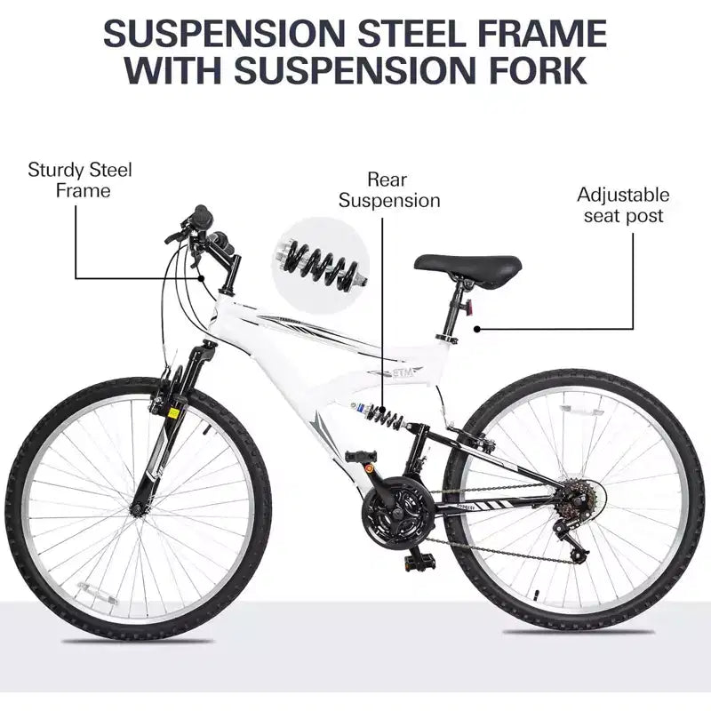 Bicicleta de montaña MTB de 26 pulgadas hykolity para ciclismo al aire libre de 18 velocidades, bicicletas deportivas todoterreno con suspensión completa para adultos, hombres y unisex, color blanco
