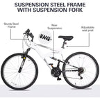 Bicicleta de montaña MTB de 26 pulgadas hykolity para ciclismo al aire libre de 18 velocidades, bicicletas deportivas todoterreno con suspensión completa para adultos, hombres y unisex, color blanco