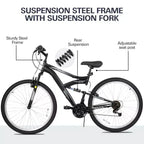 Bicicleta de montaña hykolity de 27.5 pulgadas MTB Ciclismo al aire libre 18 velocidades Bicicletas deportivas Todoterreno Suspensión total para adultos Hombres Unisex Negro