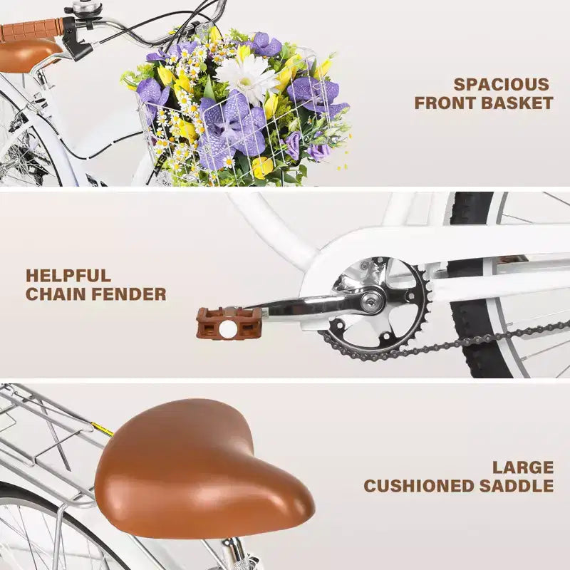 hykolity Bicicleta playera tipo crucero de 26 pulgadas para mujer, para uso urbano y de cercanías, altura 152-183 cm, con cesta delantera, parrilla trasera, blanco pálido