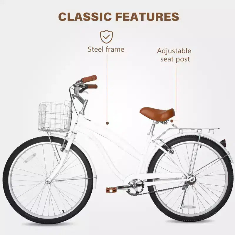 hykolity Bicicleta playera tipo crucero de 26 pulgadas para mujer, para uso urbano y de cercanías, altura 152-183 cm, con cesta delantera, parrilla trasera, blanco pálido