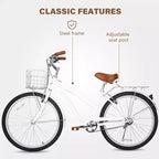 hykolity Bicicleta playera tipo crucero de 26 pulgadas para mujer, para uso urbano y de cercanías, altura 152-183 cm, con cesta delantera, parrilla trasera, blanco pálido