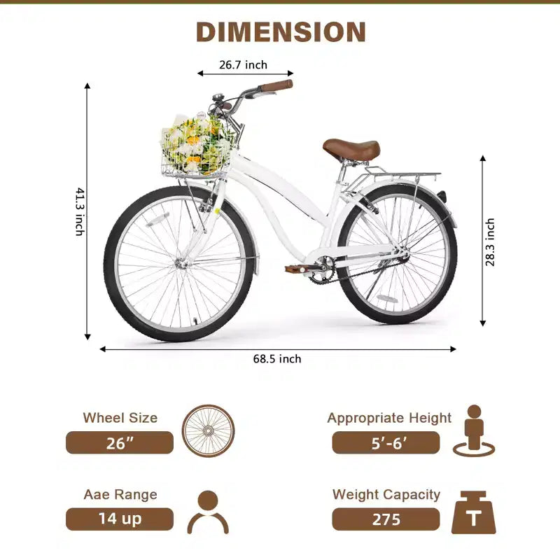 hykolity Bicicleta playera tipo crucero de 26 pulgadas para mujer, para uso urbano y de cercanías, altura 152-183 cm, con cesta delantera, parrilla trasera, blanco pálido