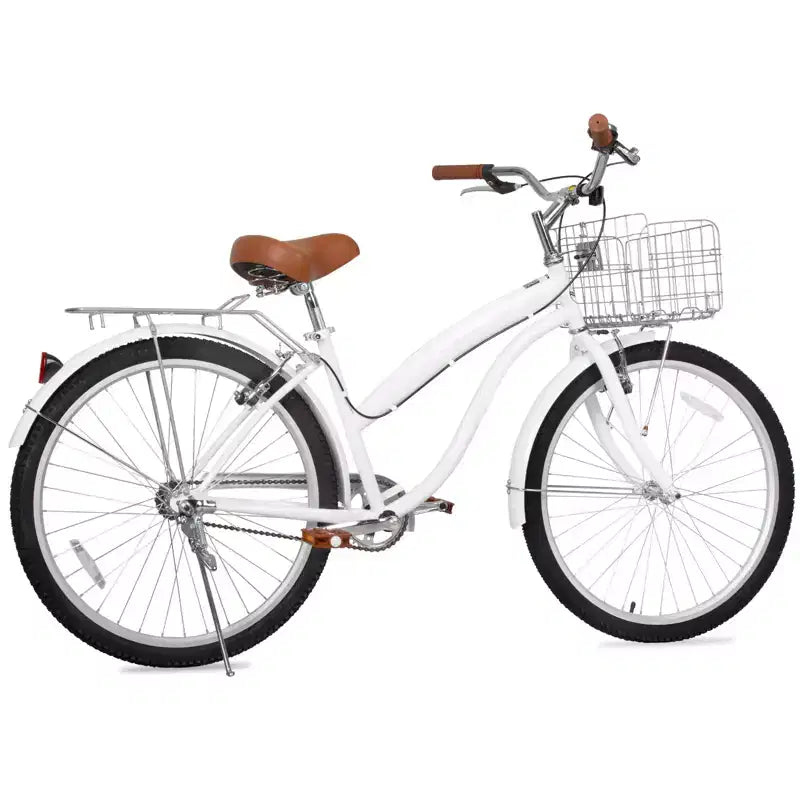 hykolity Bicicleta playera tipo crucero de 26 pulgadas para mujer, para uso urbano y de cercanías, altura 152-183 cm, con cesta delantera, parrilla trasera, blanco pálido