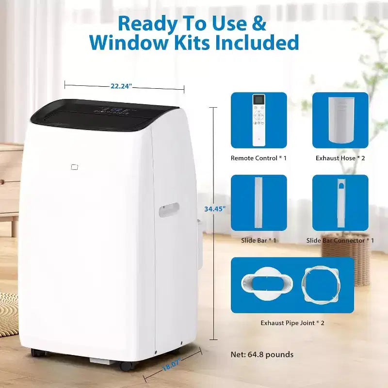 Acekool Aire acondicionado portátil y calentador de 14,000 BTU, aire acondicionado 4 en 1 con deshumidificador, ventilador, control remoto, temporizador, enfría y calienta hasta 70 m², kit de ventana
