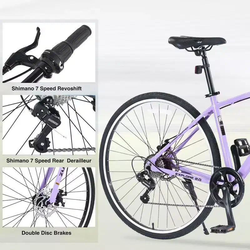 NAYSAYE Bicicleta Híbrida de Montaña de 7 Velocidades, Cuadro de Aluminio, Frenos de Disco Dobles, Bicicletas Para Adultos y Niños, 64.57*25.19*37.79