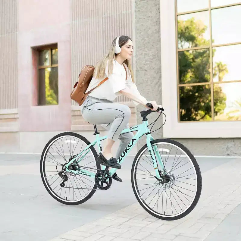 NAYSAYE Bicicleta Híbrida de Montaña de 7 Velocidades, Cuadro de Aluminio, Frenos de Disco Dobles, Bicicletas Para Adultos y Niños, 64.57*25.19*37.79