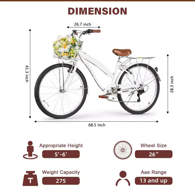 hykolity 26 Bicicleta de cercanías Bicicleta playera Bicicleta urbana Ciclismo 7 velocidades para adultos Cesta delantera Portaequipajes trasero Varios colores