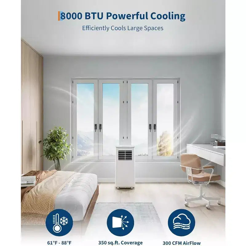 Acekool Aire Acondicionado Portátil de 8,000 BTU, Ventilador Deshumidificador de CA 4 en 1, Control Remoto, Temporizador, para Habitaciones de hasta 350 Pies Cuadrados, Kit para Ventana