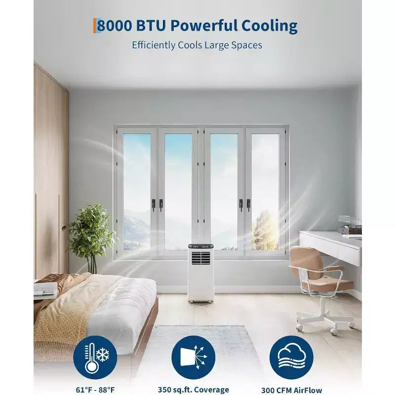 Acekool Aire Acondicionado Portátil de 8,000 BTU, Ventilador Deshumidificador de CA 4 en 1, Control Remoto, Temporizador, para Habitaciones de hasta 350 Pies Cuadrados, Kit para Ventana