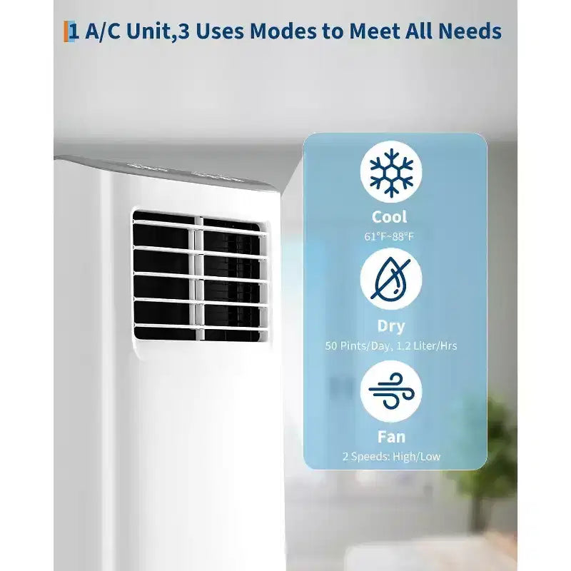 Acekool Aire Acondicionado Portátil de 8,000 BTU, Ventilador Deshumidificador de CA 4 en 1, Control Remoto, Temporizador, para Habitaciones de hasta 350 Pies Cuadrados, Kit para Ventana
