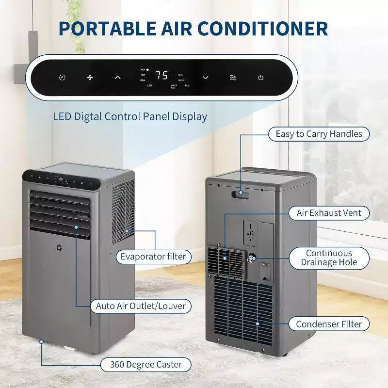 Acekool Aire Acondicionado Portátil de 8,000 BTU, 4 en 1, AC, Deshumidificador, Ventilador, Modo Sueño, Control Remoto, Temporizador, Kit para Ventana, para Habitaciones de hasta 32.5 m², Gris