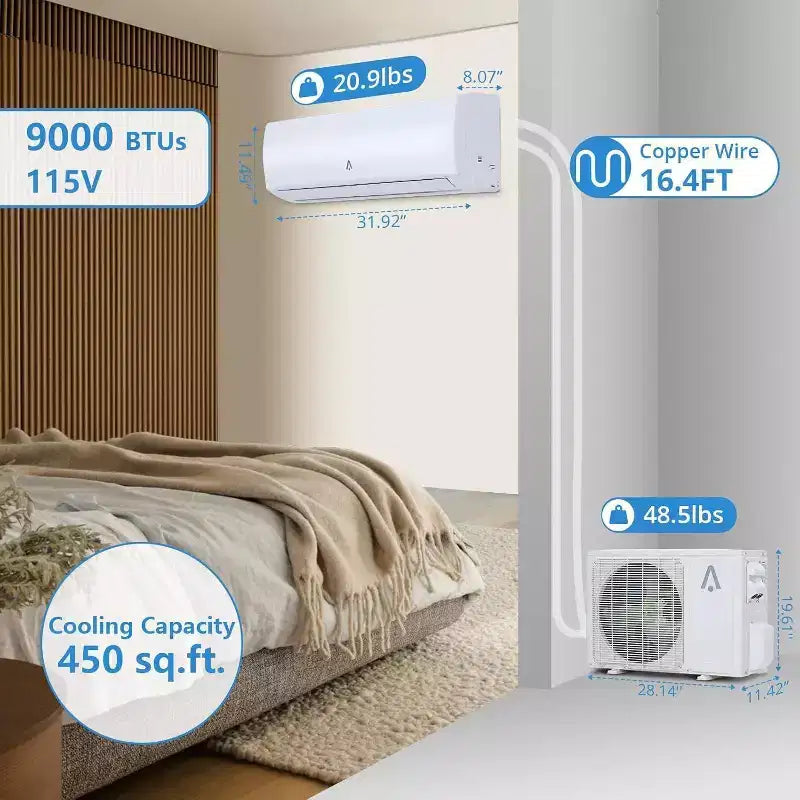 Acekool 9000 BTU Mini Split AC y bomba de calor, inverter 19 SEER2, WiFi y Alexa, sistema sin conductos con kit de instalación para habitaciones de hasta 450 pies cuadrados