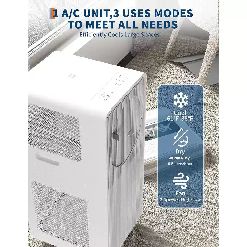 Acekool Aire Acondicionado Portátil de 8,000 BTU, Ventilador Deshumidificador 3 en 1, Motores Duales, Oscilación Automática, Control Remoto, para Habitaciones de hasta 33 m², Blanco