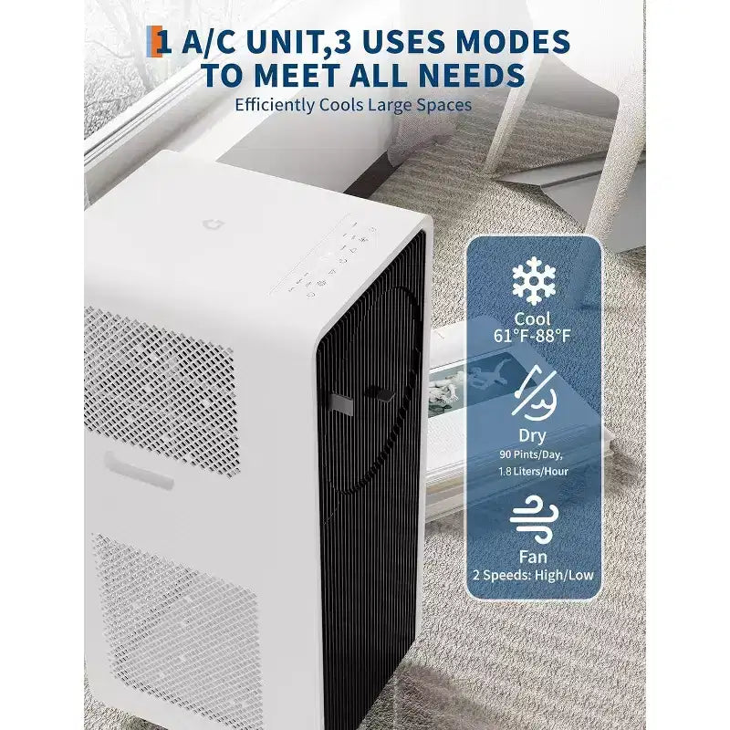 Acekool Aire Acondicionado Portátil de 14,000 BTU, 3 en 1, CA, Ventilador, Deshumidificador, para Habitaciones de hasta 65 m², Control Remoto, Temporizador, Modo Noche, Negro+Blanco