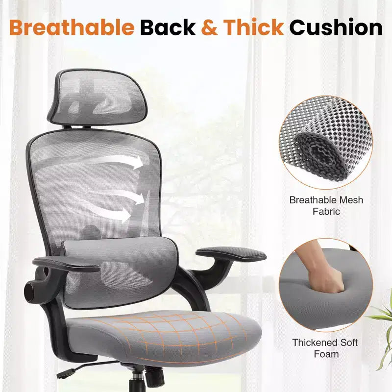 Silla de oficina Bestier con soporte lumbar y reposacabezas ajustables, cómoda silla de ordenador de malla con reposabrazos plegables suaves, silla gamer de altura regulable