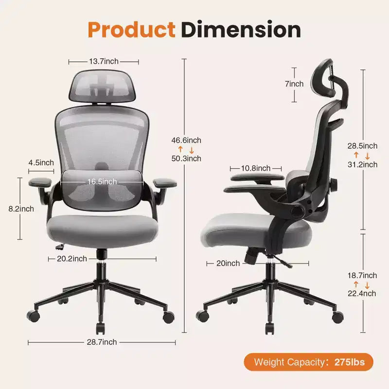 Silla de oficina Bestier con soporte lumbar y reposacabezas ajustables, cómoda silla de ordenador de malla con reposabrazos plegables suaves, silla gamer de altura regulable