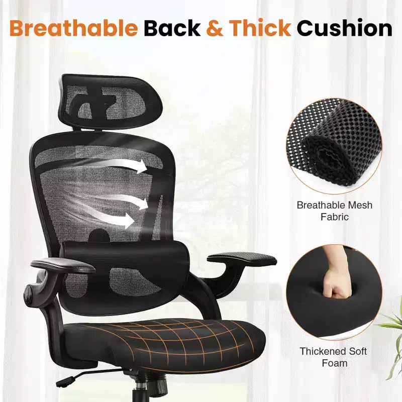 Silla de oficina Bestier con soporte lumbar y reposacabezas ajustables, cómoda silla de ordenador de malla con reposabrazos plegables suaves, silla gamer de altura regulable