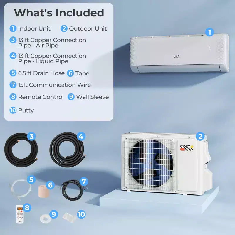 Aire acondicionado mini split Costway 9100BTU con wifi, 20.5 SEER2 115 V, con inversor, blanco/gris