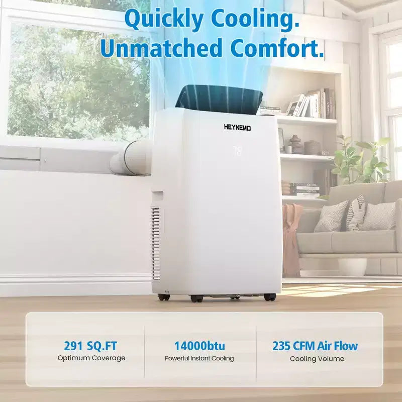 Aire acondicionado portátil Heynemo 3 en 1 de 14.000 BTU con calefacción, deshumidificador y ventilador, control inteligente por WiFi, aire acondicionado silencioso para dormitorio u oficina, color blanco