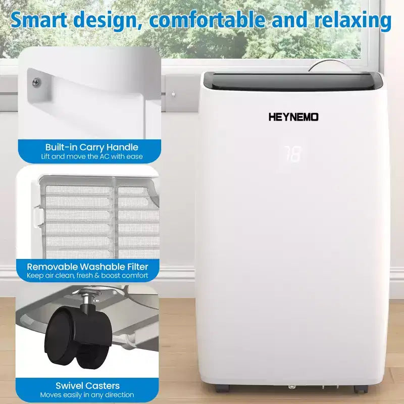 Aire acondicionado portátil Heynemo 3 en 1 de 14.000 BTU con calefacción, deshumidificador y ventilador, control inteligente por WiFi, aire acondicionado silencioso para dormitorio u oficina, color blanco