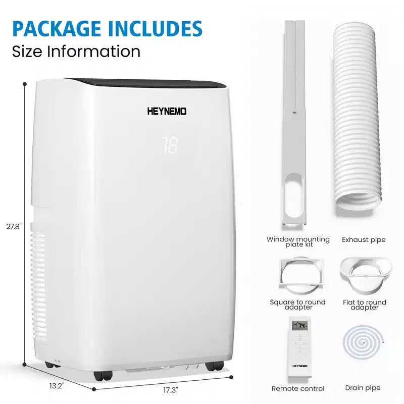Aire acondicionado portátil Heynemo 3 en 1 de 14.000 BTU con calefacción, deshumidificador y ventilador, control inteligente por WiFi, aire acondicionado silencioso para dormitorio u oficina, color blanco