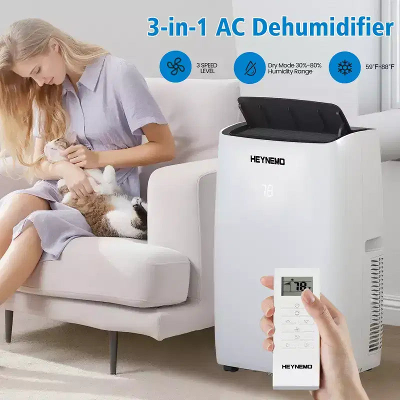 Aire acondicionado portátil Heynemo 3 en 1 de 14.000 BTU con calefacción, deshumidificador y ventilador, control inteligente por WiFi, aire acondicionado silencioso para dormitorio u oficina, color blanco