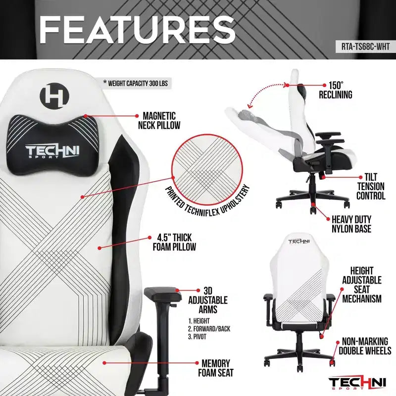 Silla de juegos Techni Sport RTA-TS68C-WHT Comfort Edge, blanca