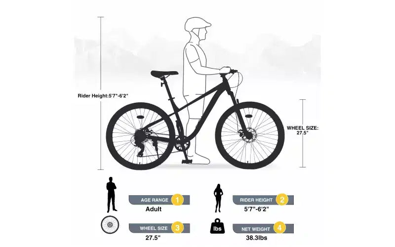Bicicleta de montaña de 27.5 pulgadas y 8 velocidades, para hombres, mujeres, niños y niñas, suspensión delantera, cuadro de acero