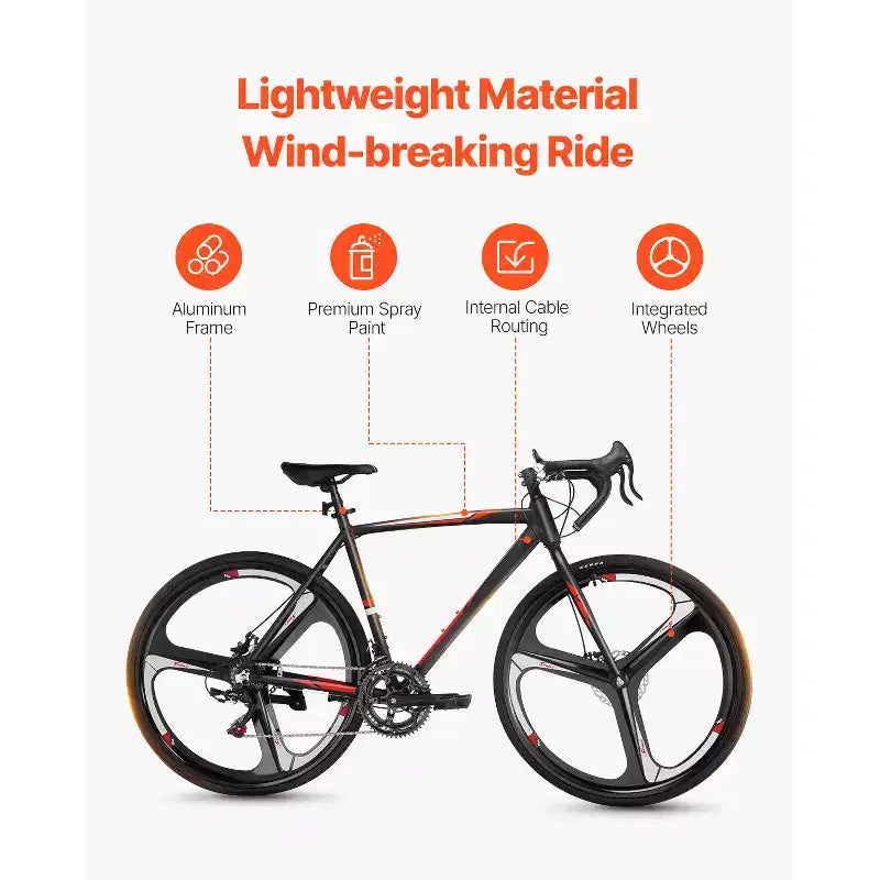 Bicicleta de Carretera VEVOR, Rueda 700C Bicicleta de Carreras, Bicicleta de Carretera para Ciudad con Transmisión SHIMANO de 14 Velocidades, Cuadro de Aleación de Aluminio, Manillar de Gota, Negro