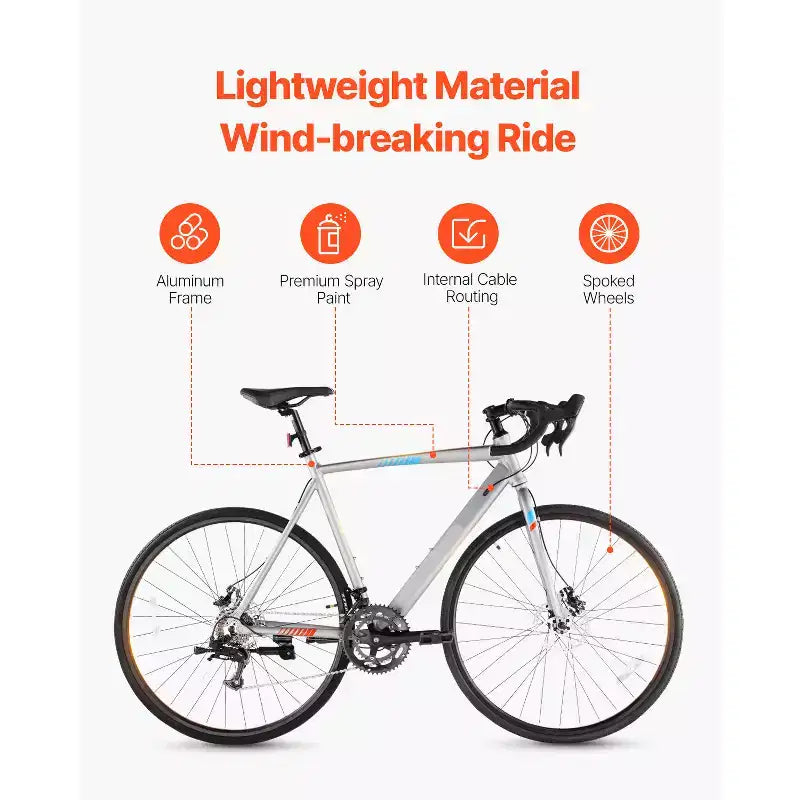 Bicicleta de Carretera VEVOR, Bicicleta de Carreras con Ruedas de 700C, Bicicleta de Carretera para Ciudad con Transmisión L-TWOO de 14 Velocidades y Cuadro Ligero de Aleación de Aluminio, Gris