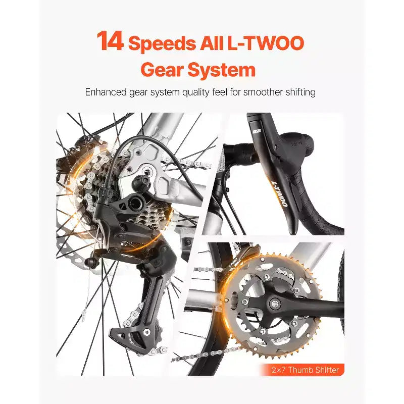 Bicicleta de Carretera VEVOR, Bicicleta de Carreras con Ruedas de 700C, Bicicleta de Carretera para Ciudad con Transmisión L-TWOO de 14 Velocidades y Cuadro Ligero de Aleación de Aluminio, Gris
