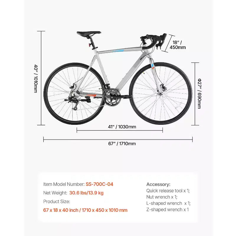 Bicicleta de Carretera VEVOR, Bicicleta de Carreras con Ruedas de 700C, Bicicleta de Carretera para Ciudad con Transmisión L-TWOO de 14 Velocidades y Cuadro Ligero de Aleación de Aluminio, Gris