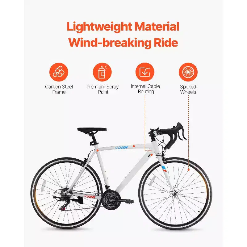 Bicicleta de Carretera VEVOR, Bicicleta de Carreras con Ruedas de 700C, Bicicleta de Carretera para Ciudad con Transmisión SHIMANO de 21 Velocidades y Cuadro de Acero al Carbono, Blanca