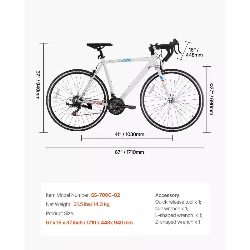 Bicicleta de Carretera VEVOR, Bicicleta de Carreras con Ruedas de 700C, Bicicleta de Carretera para Ciudad con Transmisión SHIMANO de 21 Velocidades y Cuadro de Acero al Carbono, Blanca