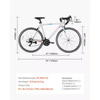 Bicicleta de Carretera VEVOR, Bicicleta de Carreras con Ruedas de 700C, Bicicleta de Carretera para Ciudad con Transmisión SHIMANO de 21 Velocidades y Cuadro de Acero al Carbono, Blanca