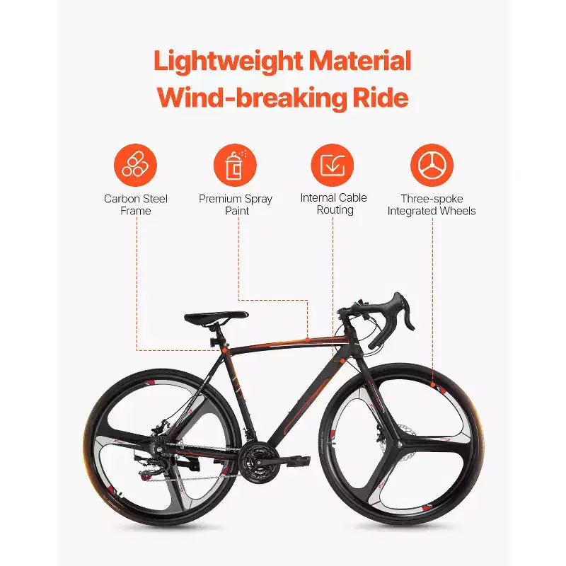 Bicicleta de carretera VEVOR, bicicleta de carreras con ruedas de 700C, sistema de transmisión SHIMANO de 21 velocidades, bicicleta de carretera para desplazamientos urbanos con cuadro de acero al carbono, negra