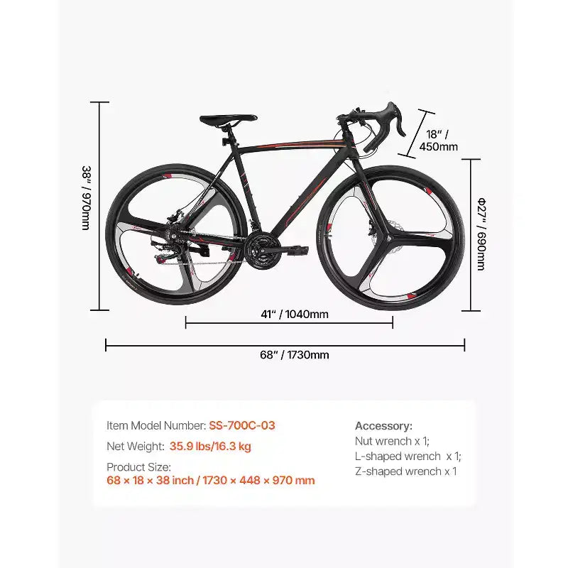 Bicicleta de carretera VEVOR, bicicleta de carreras con ruedas de 700C, sistema de transmisión SHIMANO de 21 velocidades, bicicleta de carretera para desplazamientos urbanos con cuadro de acero al carbono, negra