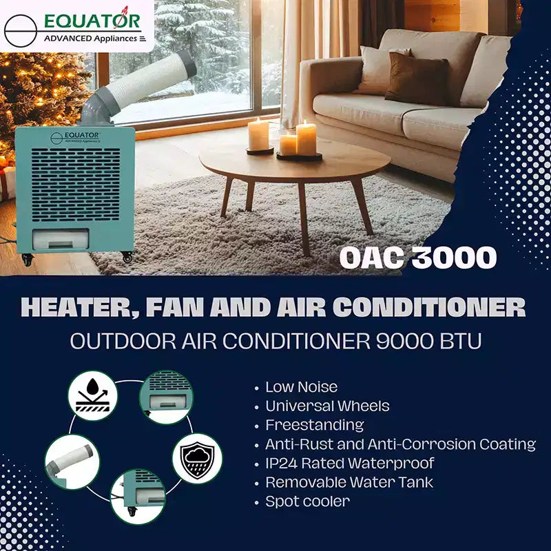 Acondicionador de aire exterior Equator 3 en 1, con calefacción y aire acondicionado, 9000 BTU, IP24, ruedas, 110 V