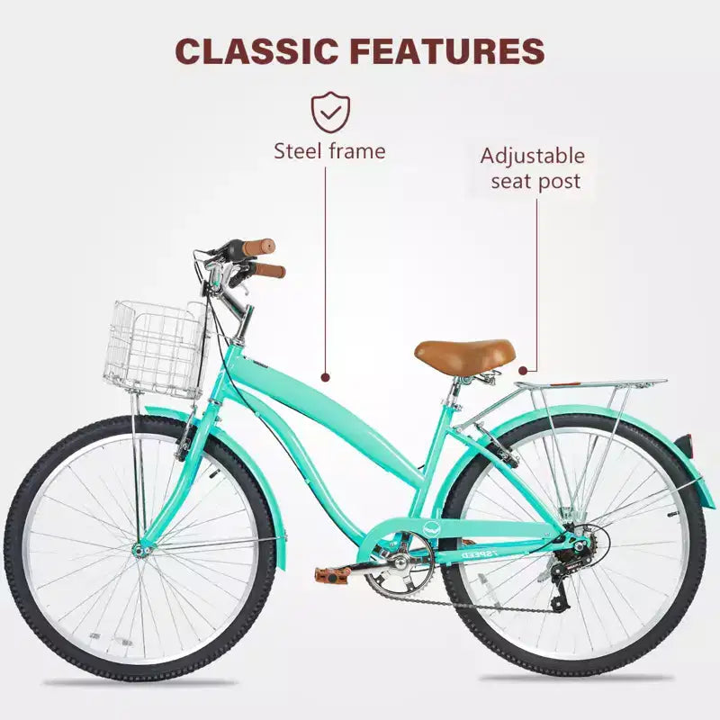 Hykolity Bicicleta de paseo de playa de 26 pulgadas y 7 velocidades para mujer con portaequipajes trasero, guardabarros delantero y trasero de acero de alto carbono y cesta