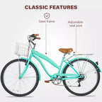 Hykolity Bicicleta de paseo de playa de 26 pulgadas y 7 velocidades para mujer con portaequipajes trasero, guardabarros delantero y trasero de acero de alto carbono y cesta