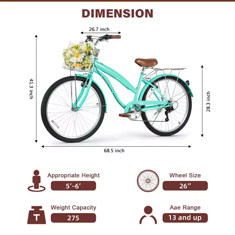 Hykolity Bicicleta de paseo de playa de 26 pulgadas y 7 velocidades para mujer con portaequipajes trasero, guardabarros delantero y trasero de acero de alto carbono y cesta