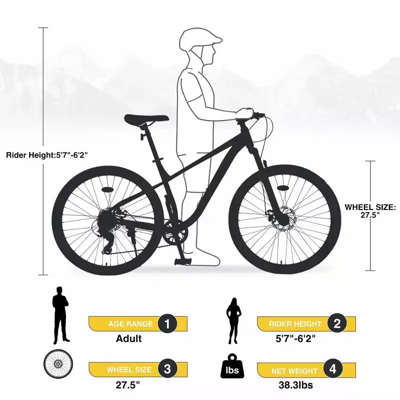 Bicicleta de Montaña NAYSAYE de 27.5 Pulgadas y 8 Velocidades con Suspensión Delantera y Cuadro de Acero para Aventuras en Todo Terreno, Amarillo, 68.5*27.1*40.55