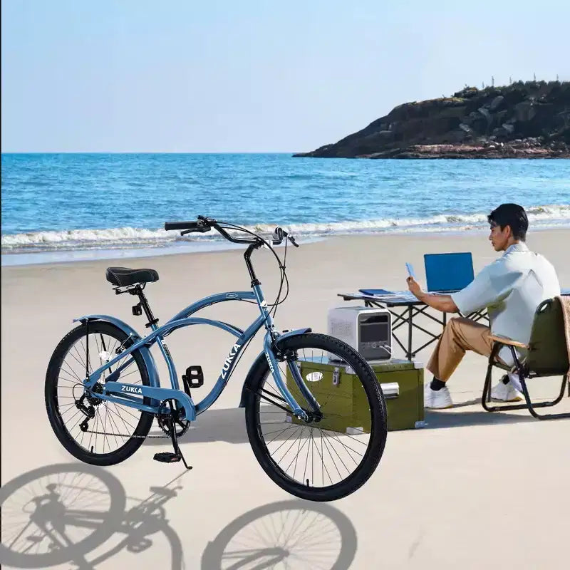 Bicicleta NAYSAYE de crucero de playa de 7 velocidades para mujer, con cuadro de acero de 26 pulgadas para paseos cómodos por la ciudad, azul, 69.96*28.32*43.2
