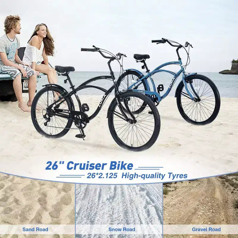 Bicicleta NAYSAYE de crucero de playa de 7 velocidades para mujer, con cuadro de acero de 26 pulgadas para paseos cómodos por la ciudad, azul, 69.96*28.32*43.2