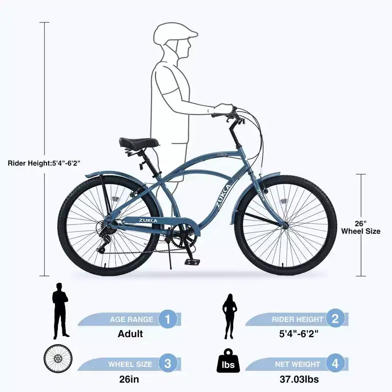 Bicicleta NAYSAYE de crucero de playa de 7 velocidades para mujer, con cuadro de acero de 26 pulgadas para paseos cómodos por la ciudad, azul, 69.96*28.32*43.2