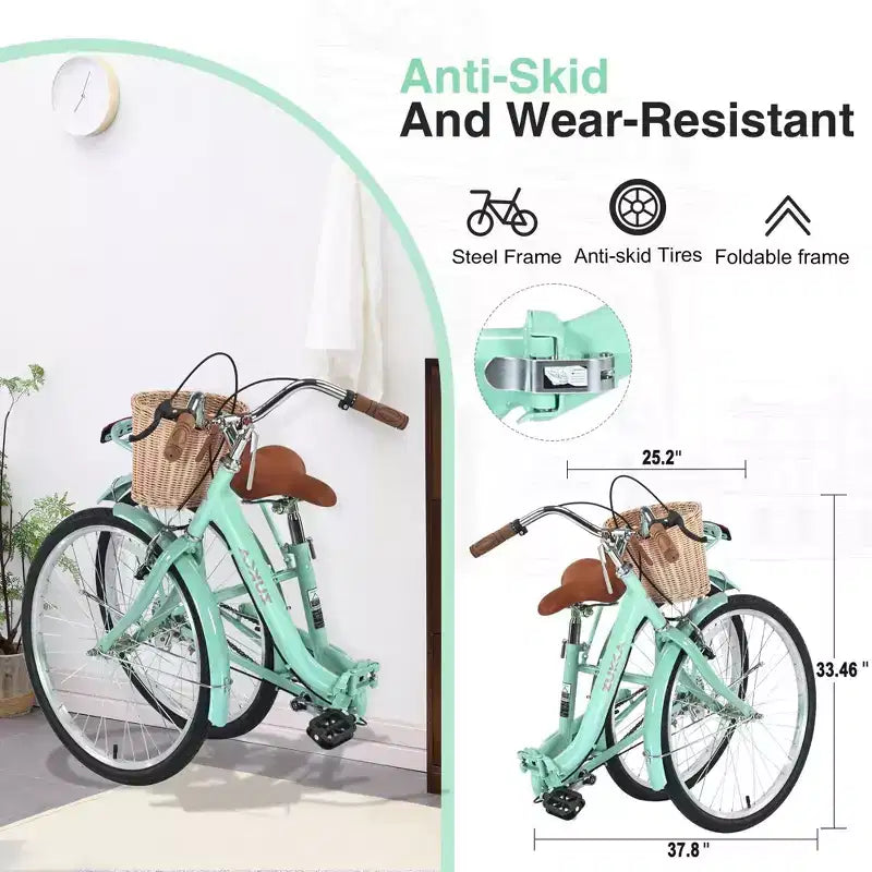 NAYSAYE Bicicleta plegable para mujer de una sola velocidad de 26 pulgadas, cuadro de acero duradero para fácil almacenamiento y transporte, verde, 66.93*25.2*40.95