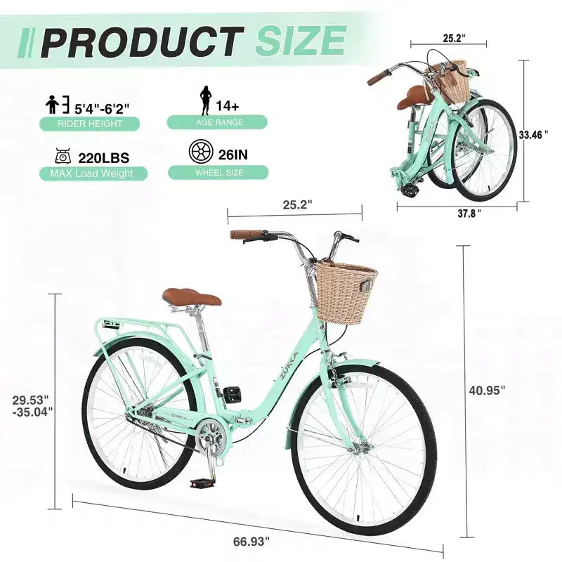 NAYSAYE Bicicleta plegable para mujer de una sola velocidad de 26 pulgadas, cuadro de acero duradero para fácil almacenamiento y transporte, verde, 66.93*25.2*40.95