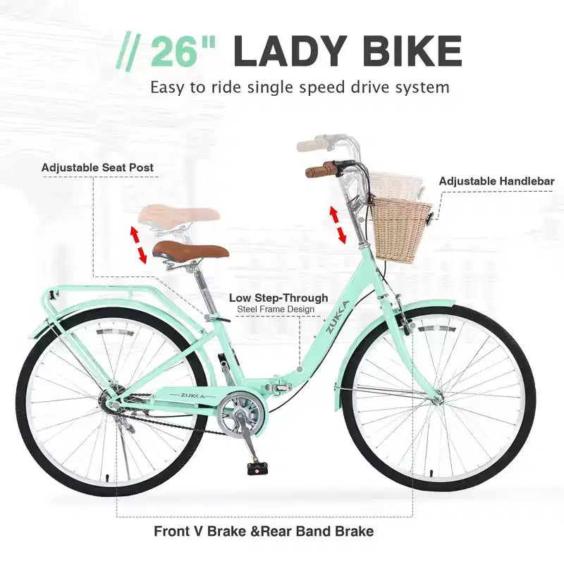 NAYSAYE Bicicleta plegable para mujer de una sola velocidad de 26 pulgadas, cuadro de acero duradero para fácil almacenamiento y transporte, verde, 66.93*25.2*40.95