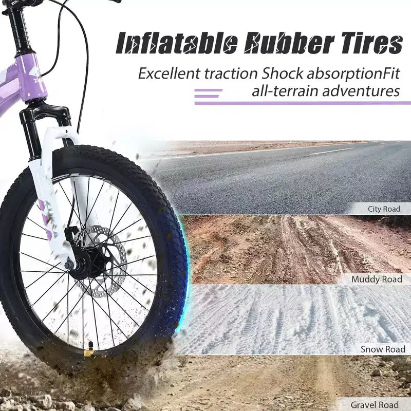 NAYSAYE Bicicleta de montaña con cuadro de acero duradero y horquilla de suspensión para niños, para montar al aire libre, morada, 54.33*22.44*32.48